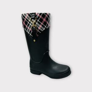 Crocs Bridle Wellie Rain Boots Womens Size 5 Black Cranberry Plaid Relaxed Fit